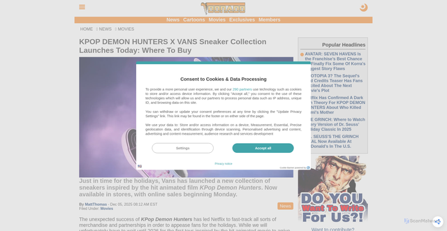 Security scan screenshot of https://toonado.com/movies/kpop-demon-hunters-x-vans-sneaker-collection-launches-today-where-to-buy-a10058