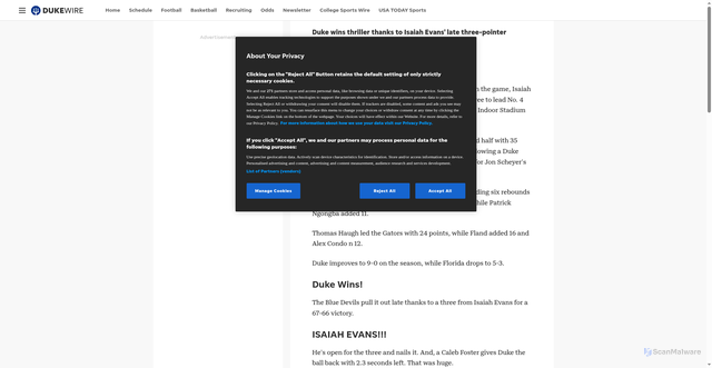 Security scan screenshot of https://dukewire.usatoday.com/story/sports/college/duke/mens-basketball/2025/12/02/duke-basketball-vs-florida-live-updates-reactions/87573657007/