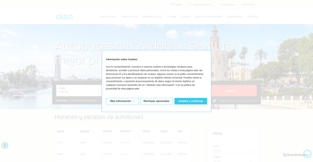 Security scan screenshot of https://www.alsa.es/ruta/cordoba-sevilla