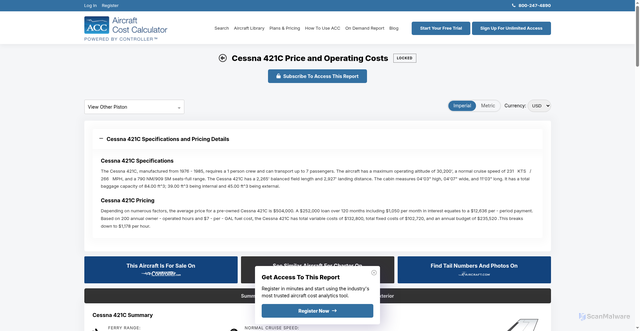 Security scan screenshot of https://www.aircraftcostcalculator.com/AircraftOperatingCosts/351/Cessna+421C