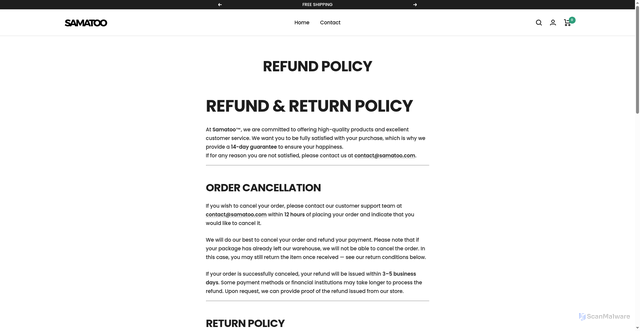 Security scan screenshot of https://samatooshop.shop/policies/refund-policy
