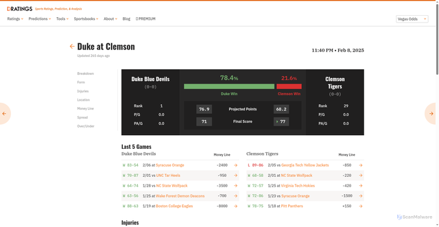Security scan screenshot of https://www.dratings.com/predictor/ncaa-basketball-predictions/0459cd8e-eea9-5ef4-ab34-0c7068b7cc4a