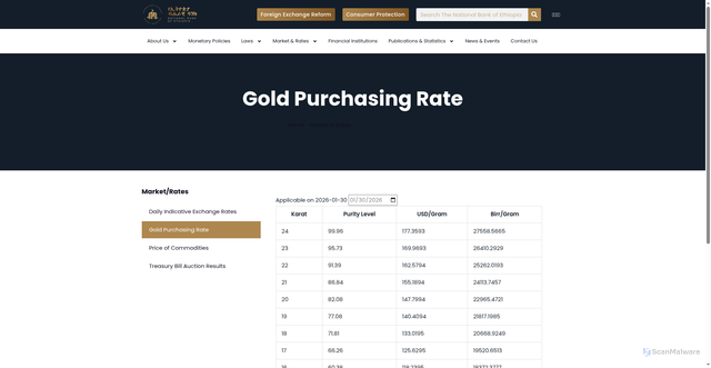 Security scan screenshot of https://nbe.gov.et/exchange/gold-purchasing-rate/