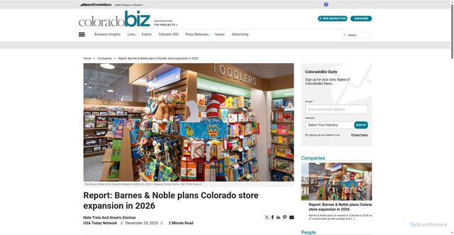 Security scan screenshot of https://coloradobiz.com/barnes-noble-colorado-store-expansion-2026/