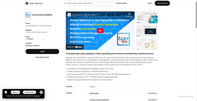 Security scan screenshot of https://cozycountryredirectii.addons.business/