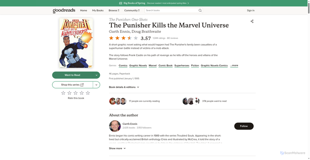 Security scan screenshot of https://goodreads.com/book/show/3023282.The_Punisher_Kills_the_Marvel_Universe