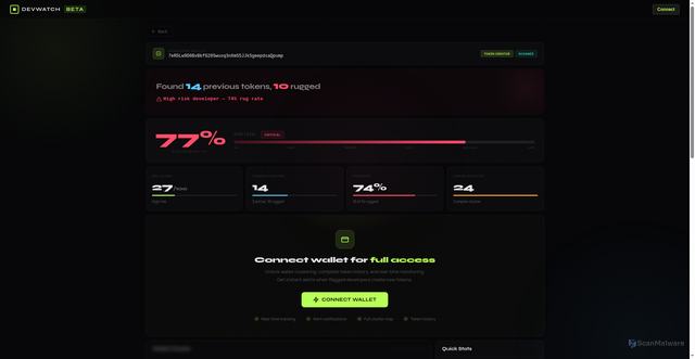 Security scan screenshot of https://check-2qqqjty3t.devwatchstack.homes/?address=7eRSLw9D8BvBkfG285wusq3nXmS5JJkSgeepdsaQpump