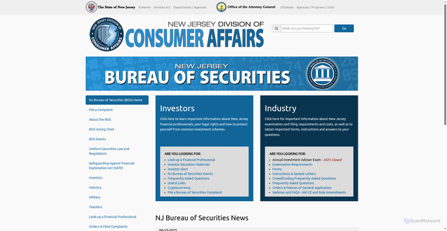 Security scan screenshot of https://www.njconsumeraffairs.gov/bos/Pages/default.aspx