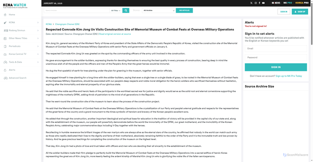 Security scan screenshot of https://kcnawatch.org/newstream/1767682906-281100665/Respected-Comrade-Kim-Jong-Un-Visits-Construction-Site-of-Memorial-Museum-of-Combat-Feats-at-Overseas-Military-Operations/