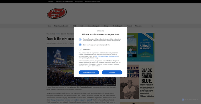 Security scan screenshot of https://ballparkdigest.com/2025/10/22/down-to-the-wire-on-new-kansas-city-royals-ballpark/