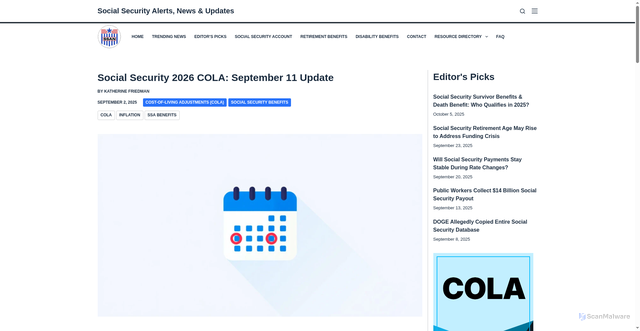 Security scan screenshot of https://socialsecurityalerts.news/social-security-2026-cola-september-11-update/