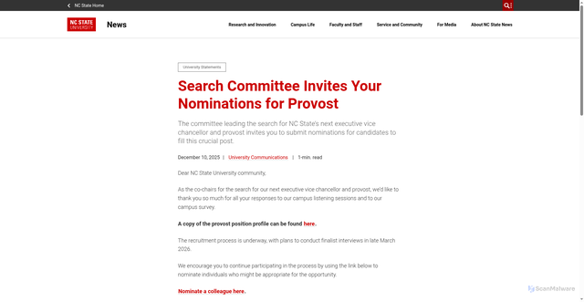 Security scan screenshot of https://news.ncsu.edu/2025/12/search-committee-invites-your-nominations-for-provost/