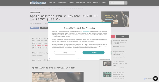 Security scan screenshot of https://recordingnow.com/blog/apple-airpods-pro-2-review/