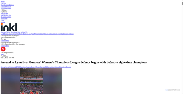 Security scan screenshot of https://www.inkl.com/news/arsenal-vs-lyon-live-gunners-begin-women-s-champions-league-defence-against-eight-time-winners
