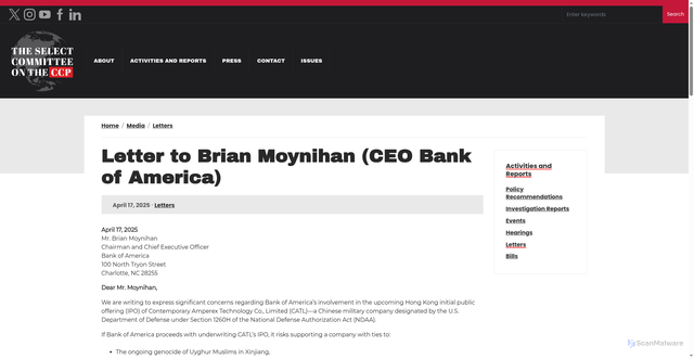 Security scan screenshot of http://selectcommitteeontheccp.house.gov/media/letters/letter-brian-moynihan-ceo-bank-america