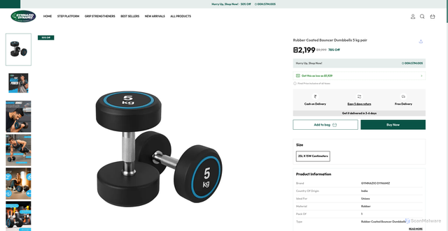 Security scan screenshot of https://gymnaziodynamiz.com/Rubber-Coated-Bouncer-Dumbbells-5-kg-pair/catalogue/ZcY8pDqH/8P4N8cb_