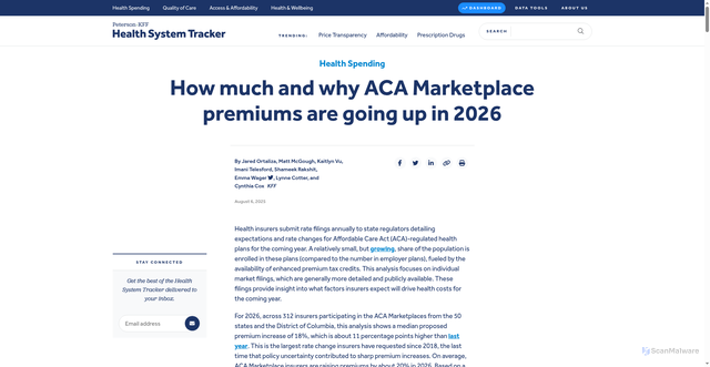 Security scan screenshot of https://www.healthsystemtracker.org/brief/how-much-and-why-aca-marketplace-premiums-are-going-up-in-2026/