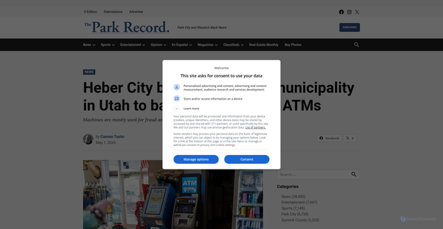 Security scan screenshot of https://www.parkrecord.com/2026/05/01/heber-city-becomes-second-municipality-in-utah-to-ban-cryptocurrency-atms/