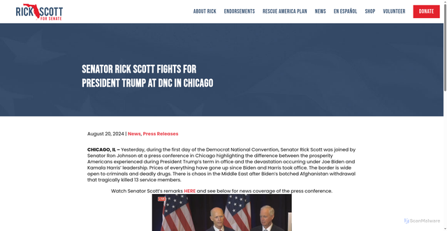 Security scan screenshot of https://rickscott.com/2024/08/20/senator-rick-scott-fights-for-president-trump-at-dnc-in-chicago/
