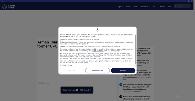 Security scan screenshot of https://www.sports-addict.net/en-us/article/home/arman-tsarukyan-stunned-after-meeting-former-ufc-rival-how-did-i-fight-with-you/69fc9b782831edf62e0a73e6
