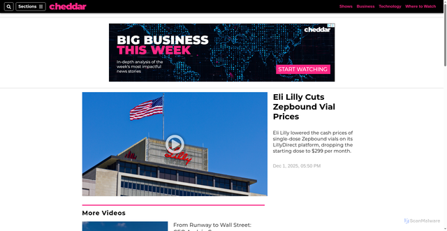 Security scan screenshot of https://www.cheddar.com/media/eli-lilly-cuts-zepbound-vial-prices/