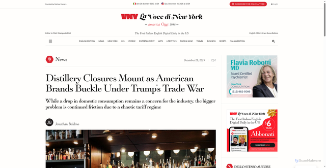 Security scan screenshot of https://lavocedinewyork.com/en/news/2025/12/27/distillery-closures-mount-as-american-brands-buckle-under-trumps-trade-war/