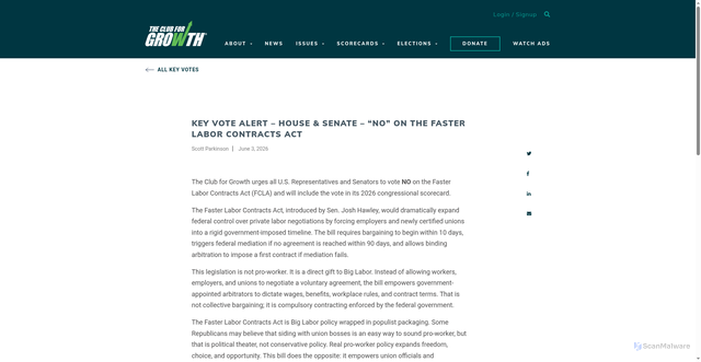 Security scan screenshot of https://www.clubforgrowth.org/key-vote-alert-house-senate-no-on-the-faster-labor-contracts-act/