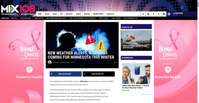 Security scan screenshot of https://mix108.com/new-minnesota-cold-weather-alerts/