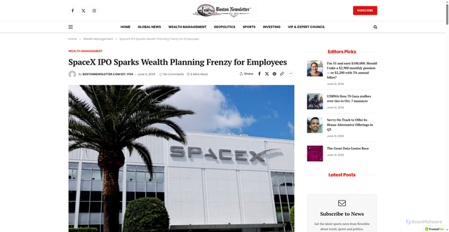 Security scan screenshot of https://bostonnewsletter.com/spacex-ipo-sparks-wealth-planning-frenzy-for-employees/