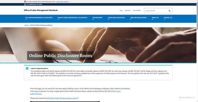 Security scan screenshot of https://www.dol.gov/agencies/olms/public-disclosure-room#union
