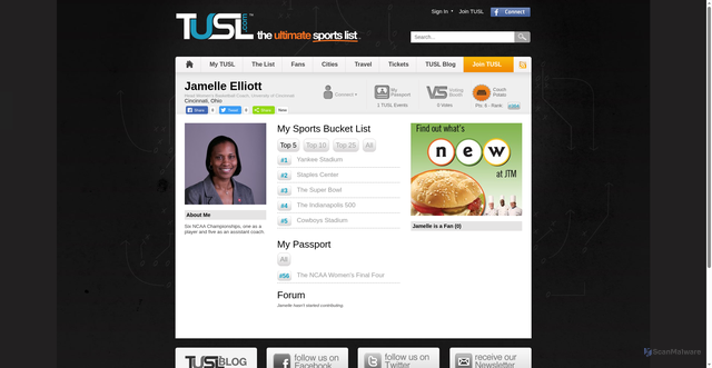 Security scan screenshot of https://www.tusl.com/profile/302/jamelle-elliott/