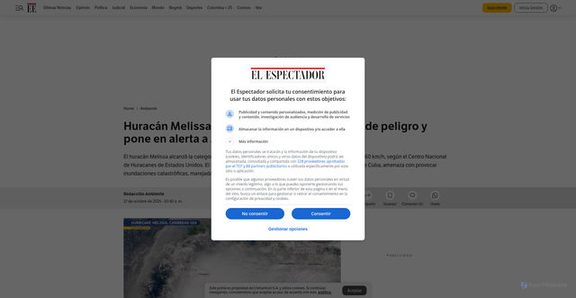 Security scan screenshot of https://www.elespectador.com/ambiente/huracan-melissa-alcanza-categoria-5-trayectoria-alertas-y-zonas-en-riesgo-hoy/