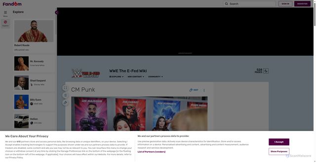 Security scan screenshot of https://theefed.fandom.com/wiki/CM_Punk