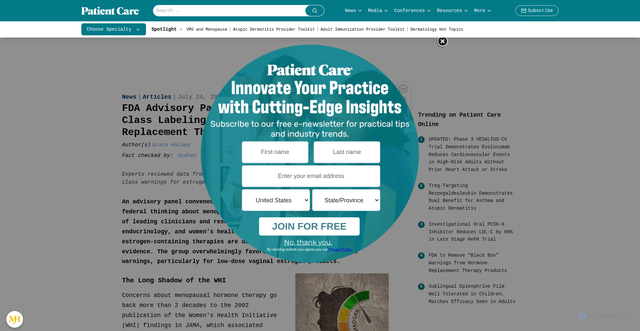 Security scan screenshot of https://www.patientcareonline.com/view/fda-advisory-panel-urges-revised-black-box-warnings-on-hormone-replacement-therapy