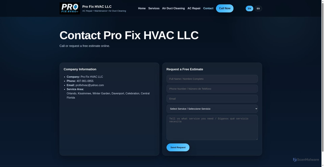 Security scan screenshot of https://profixhvacllc.com/contact.html