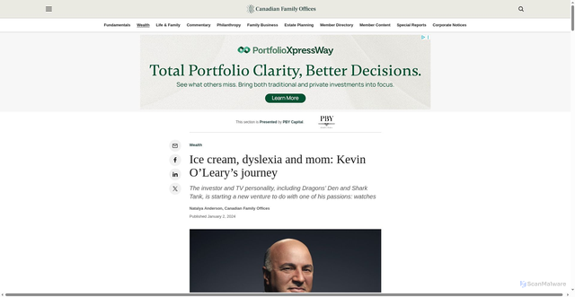 Security scan screenshot of https://canadianfamilyoffices.com/wealth/ice-cream-dyslexia-and-mom-vc-kevin-olearys-journey/