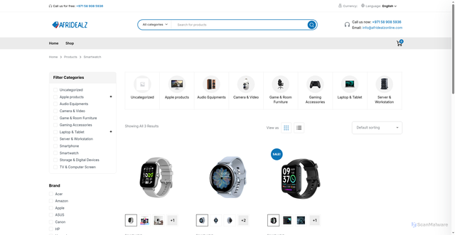 Security scan screenshot of https://afridealzonline.com/product-category/smartwatch/
