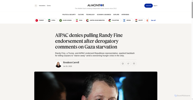 Security scan screenshot of https://www.al-monitor.com/originals/2025/07/aipac-denies-pulling-randy-fine-endorsement-after-derogatory-comments-gaza