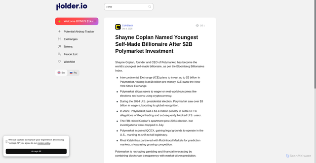Security scan screenshot of https://holder.io/news/shayne-coplan-youngest-billionaire-polymarket-investment/