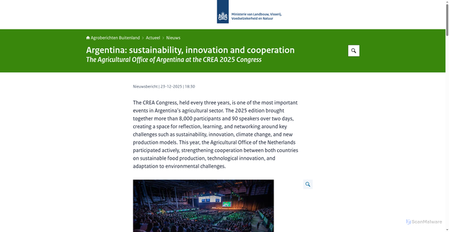 Security scan screenshot of https://www.agroberichtenbuitenland.nl/actueel/nieuws/2025/12/23/sustainability-innovation-and-cooperation-the-agricultural-office-of-argentina-at-the-crea-2025-congress