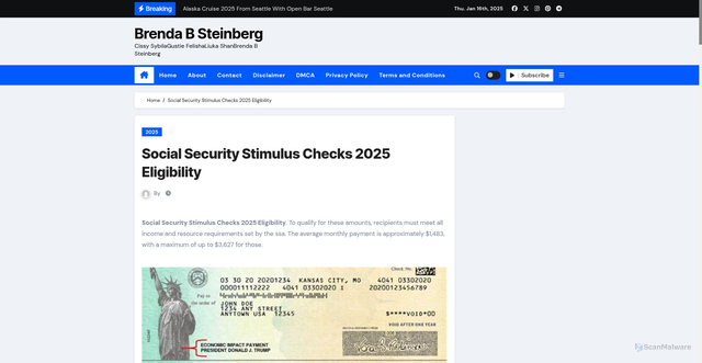Security scan screenshot of https://brendabsteinbergj.pages.dev/qjfvs-social-security-stimulus-checks-2025-eligibility-icbrm/