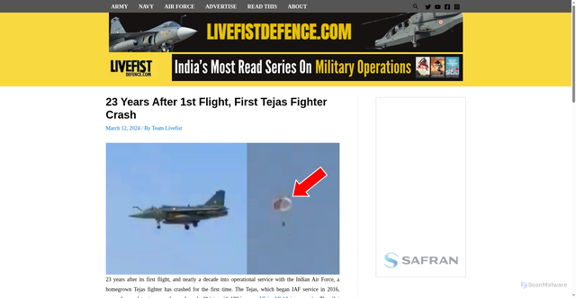 Security scan screenshot of https://www.livefistdefence.com/8-years-into-service-first-tejas-fighter-crash/