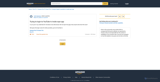 Security scan screenshot of https://www.amazonforum.com/s/question/0D56Q0000E4NH26SQG/trying-to-login-to-youtube-tv-inside-espn-app?language=en_US