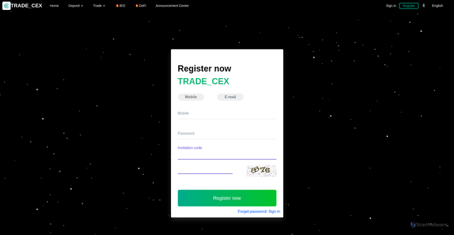 Security scan screenshot of http://trade-cex.com/Login/register/Lang/en-us