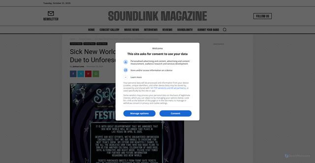 Security scan screenshot of https://www.soundlinkmagazine.com/sick-new-world-fest-2025-canceled-due-to-unforeseen-circumstances/