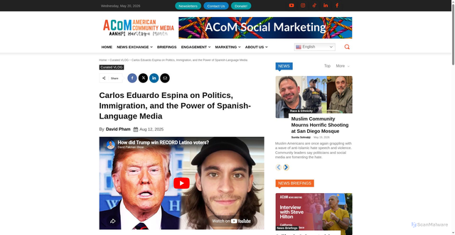 Security scan screenshot of https://americancommunitymedia.org/curated-vlog/carlos-eduardo-espina-on-politics-immigration-and-the-power-of-spanish-language-media/