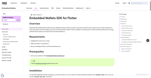 Security scan screenshot of https://metamask-docs-l8lvh00ol-consensys-ddffed67.vercel.app/embedded-wallets/sdk/flutter/
