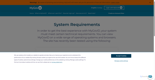 Security scan screenshot of https://partial2.mygovid-nonprod.ie/en-IE/SystemRequirements