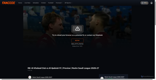 Security scan screenshot of https://fancode.com/video/223788?contentDataType=DEFAULT