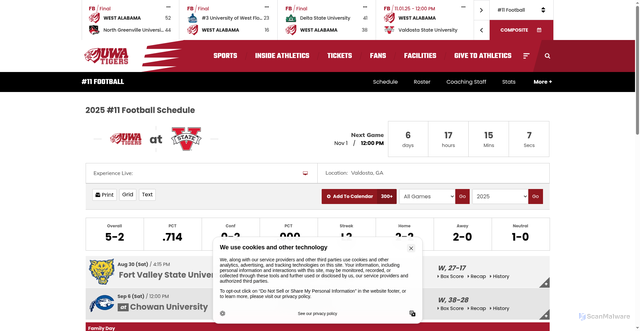 Security scan screenshot of https://uwaathletics.com/sports/football/schedule/2025